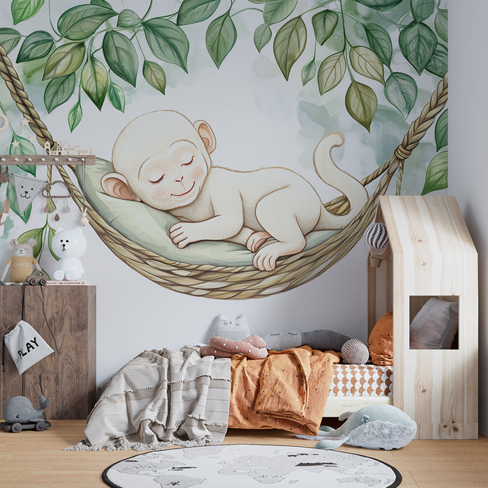 Babykamer behang | Slapende aap en bladeren