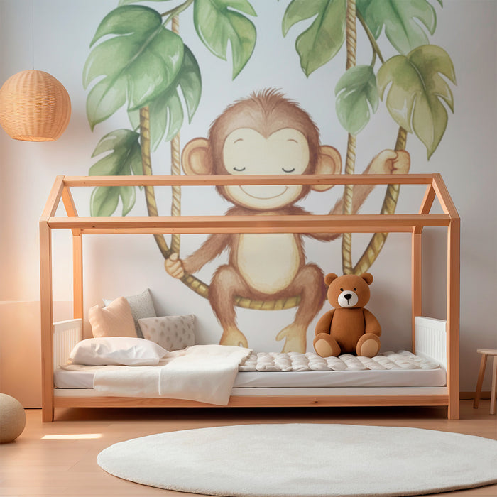 Papel de parede quarto bebê | Alegre macaco e folhas tropicais