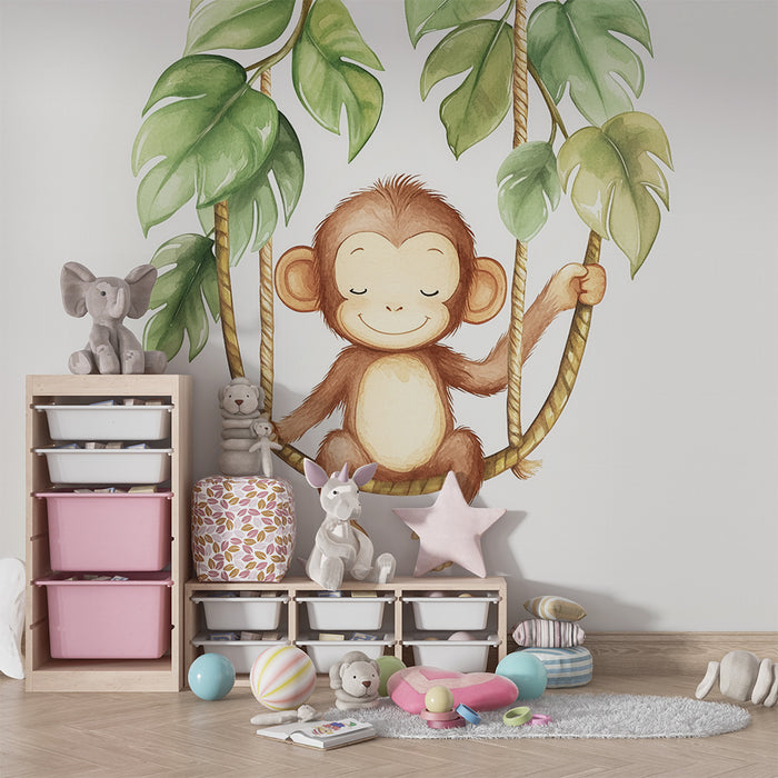 Papel de parede quarto bebê | Alegre macaco e folhas tropicais