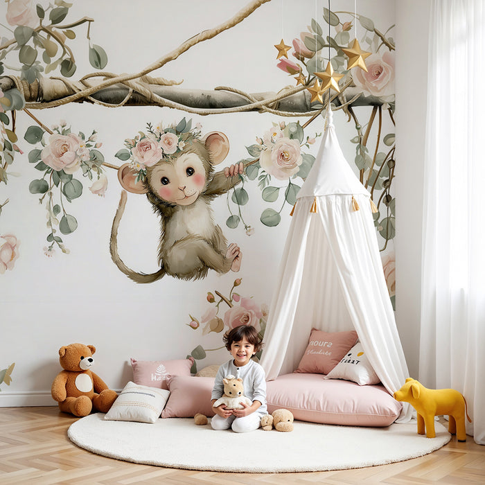 Abe tapet blomstrende abe | Fortryllende dekoration til børneværelset