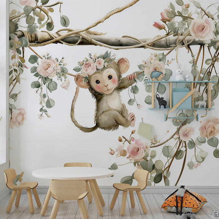 Abe tapet blomstrende abe | Fortryllende dekoration til børneværelset