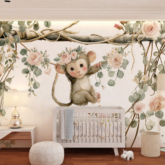 Abe tapet blomstrende abe | Fortryllende dekoration til børneværelset