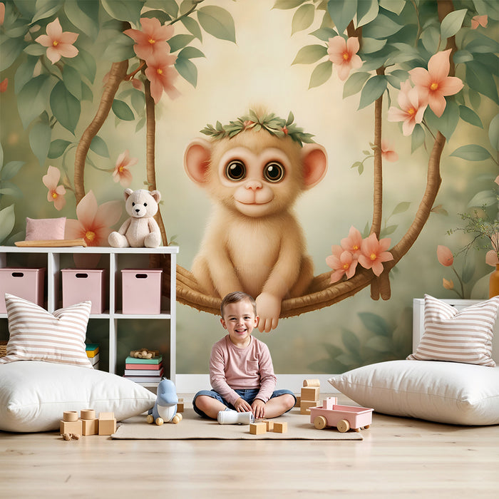 Tapeta z uroczą małpką | Dekoracja dżungli z kwiatami