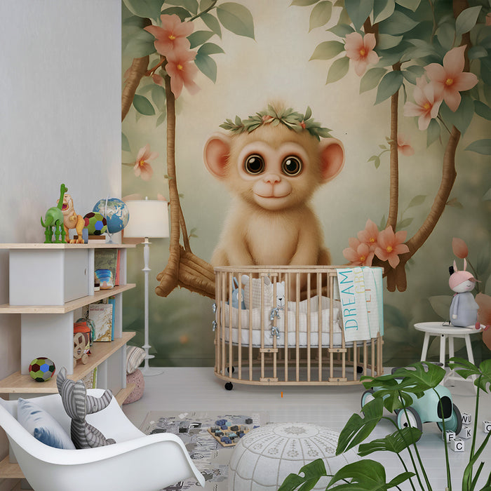 Tapeta z uroczą małpką | Dekoracja dżungli z kwiatami