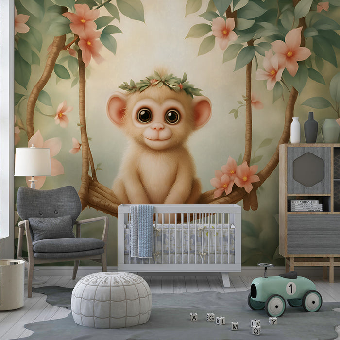 Tapeta z uroczą małpką | Dekoracja dżungli z kwiatami