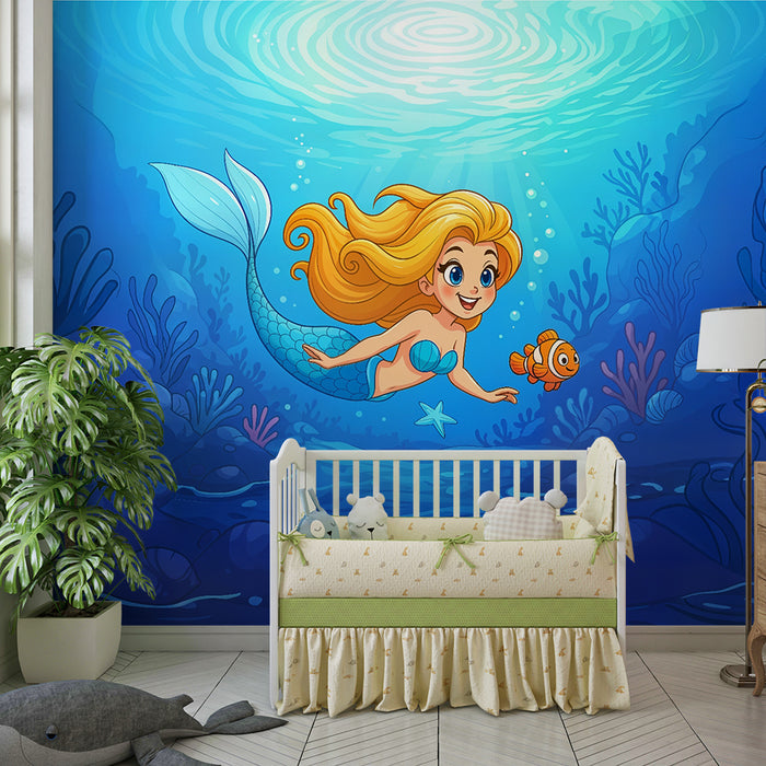 Papier peint chambre enfant | Sirène et poisson clown