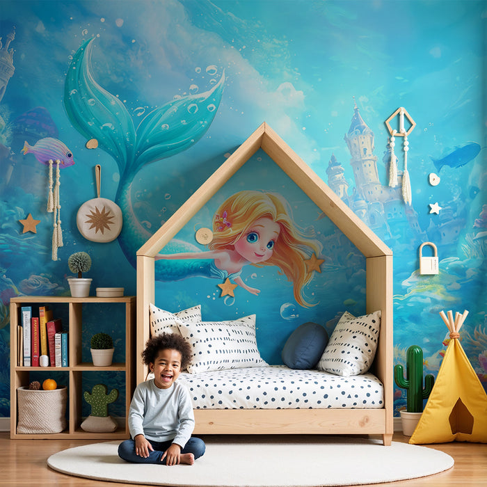 Papier peint chambre enfant | Sirène et château sous-marin