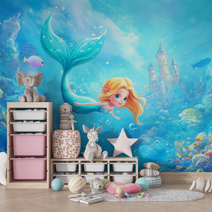 Papier peint chambre enfant | Sirène et château sous-marin