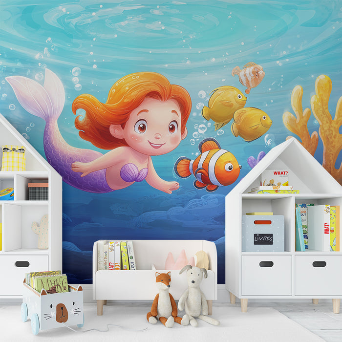 Vægmaleri til børneværelse | Den lille havfrue og koralrevet