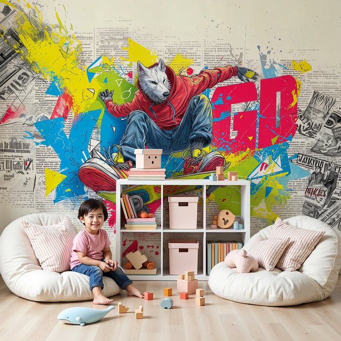 Børneværelse tapet | Dynamisk skateboard ulv