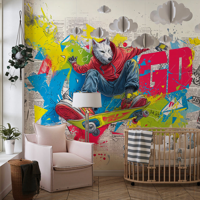 Børneværelse tapet | Dynamisk skateboard ulv