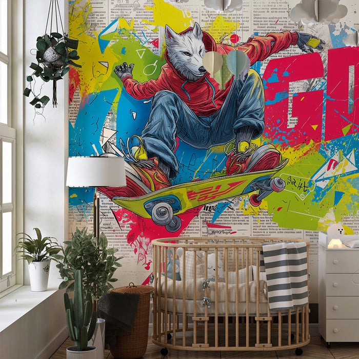 Børneværelse tapet | Dynamisk skateboard ulv
