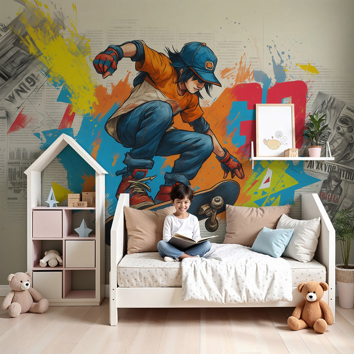 Børneværelse tapet | Skateboard og farvesprøjt