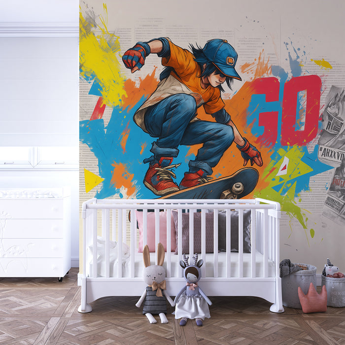 Børneværelse tapet | Skateboard og farvesprøjt