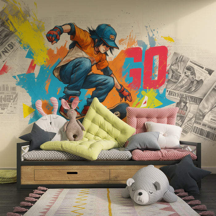 Børneværelse tapet | Skateboard og farvesprøjt