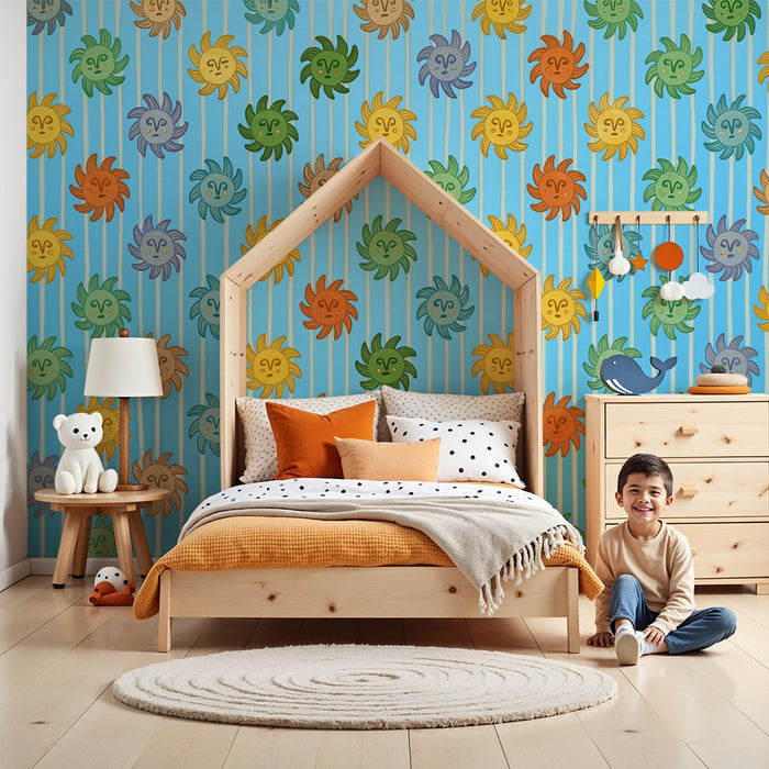 Børneværelse tapet | Flammende flerfarvede solstråler