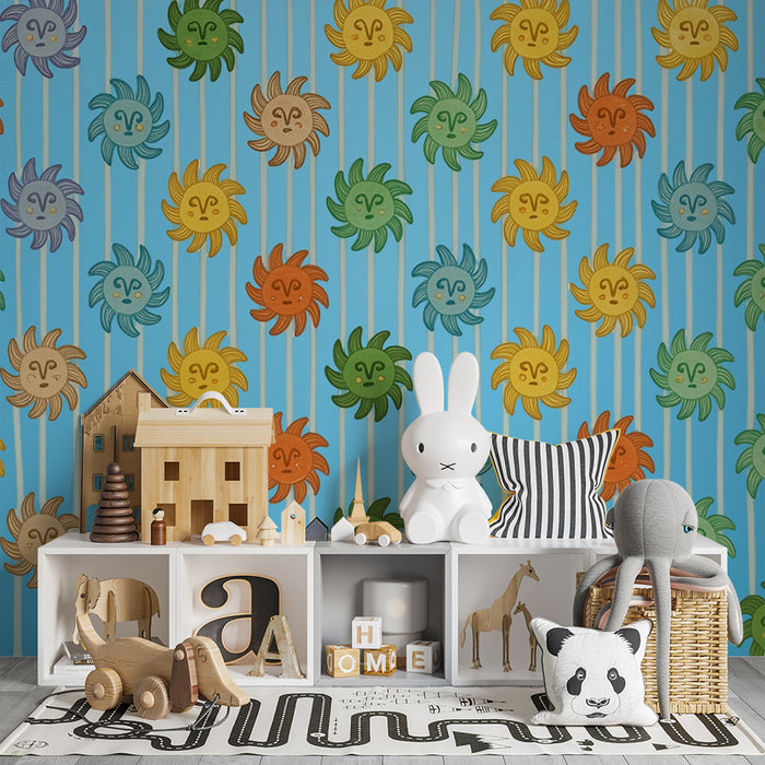 Børneværelse tapet | Flammende flerfarvede solstråler
