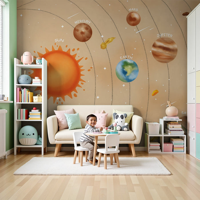 Lastenhuoneen tapetti | Kuvitettu aurinkokuntajärjestelmä