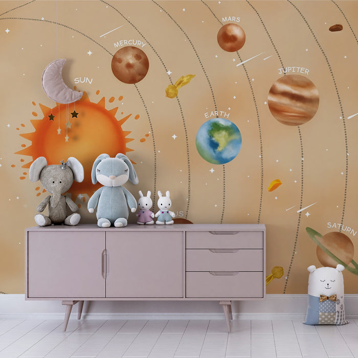 Lastenhuoneen tapetti | Kuvitettu aurinkokuntajärjestelmä