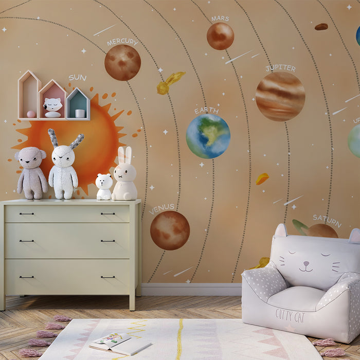 Lastenhuoneen tapetti | Kuvitettu aurinkokuntajärjestelmä