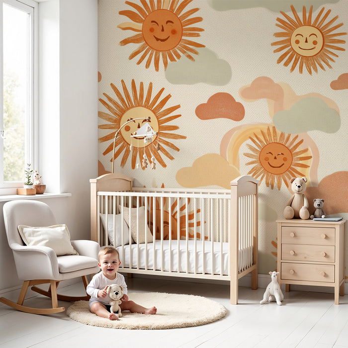 Solskin og skyer tapet | Fortryllende design til børneværelse