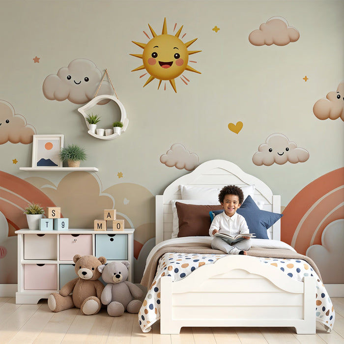 Tapety dla dzieci uśmiechnięte chmury | Wesoły pokój dziecięcy dekor