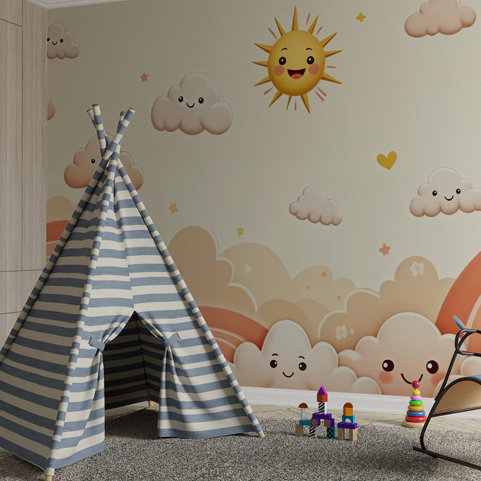 Tapety dla dzieci uśmiechnięte chmury | Wesoły pokój dziecięcy dekor