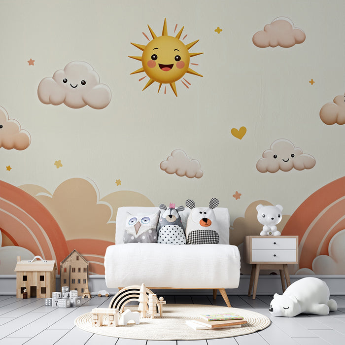 Tapety dla dzieci uśmiechnięte chmury | Wesoły pokój dziecięcy dekor