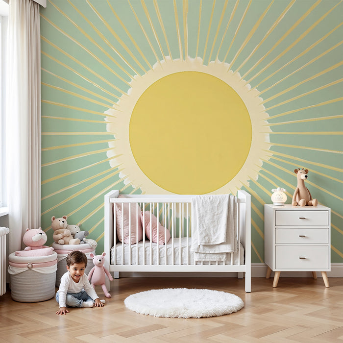 Papel pintado infantil | Sol radiante sobre fondo verde