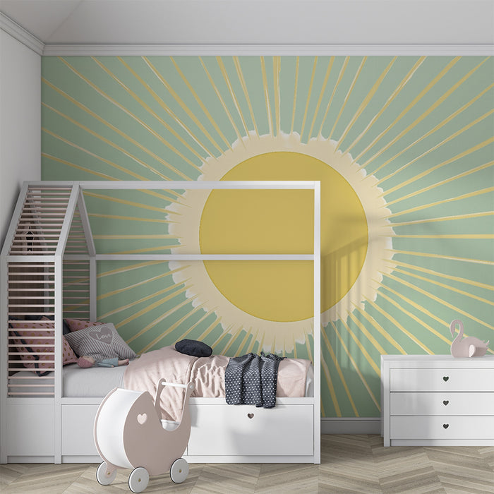 Papel pintado infantil | Sol radiante sobre fondo verde