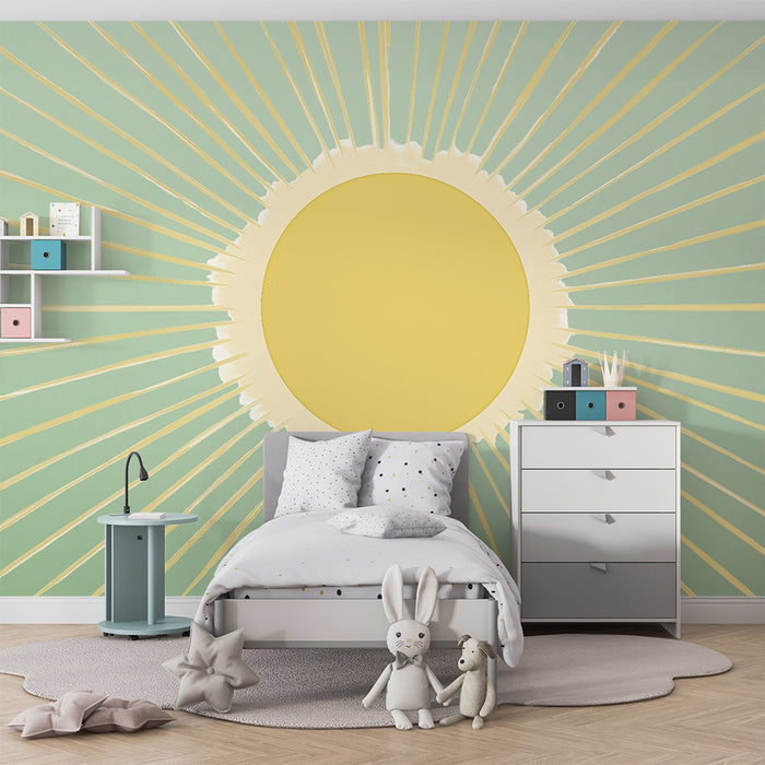 Papel pintado infantil | Sol radiante sobre fondo verde