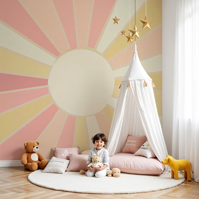 Papel pintado infantil | Rayos de sol amarillo y rosa pastel