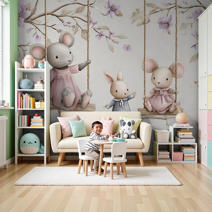 Kids room wallpaper | Mouse and rabbit in the flowery garden