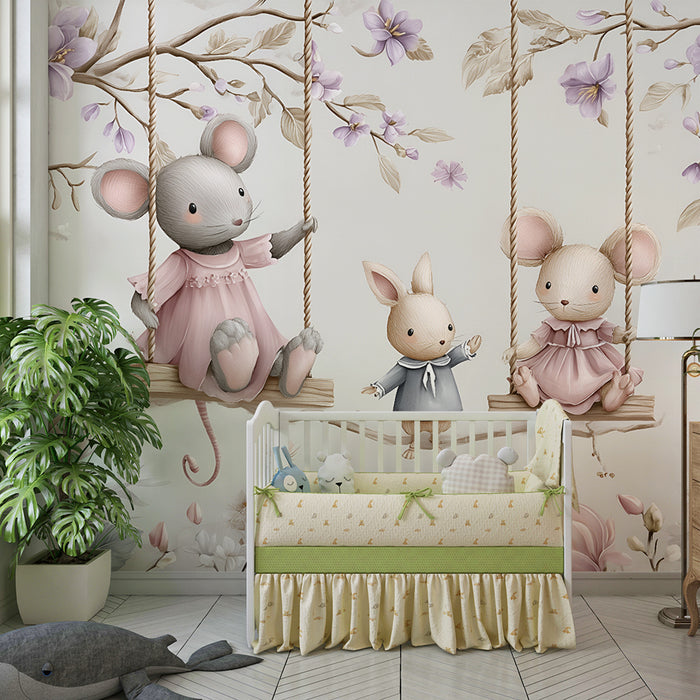 Kids room wallpaper | Mouse and rabbit in the flowery garden