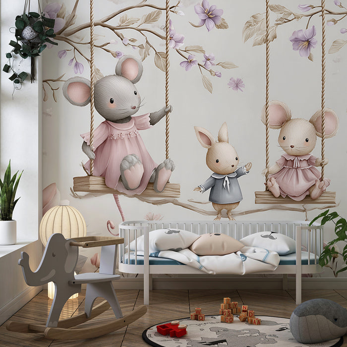 Kids room wallpaper | Mouse and rabbit in the flowery garden