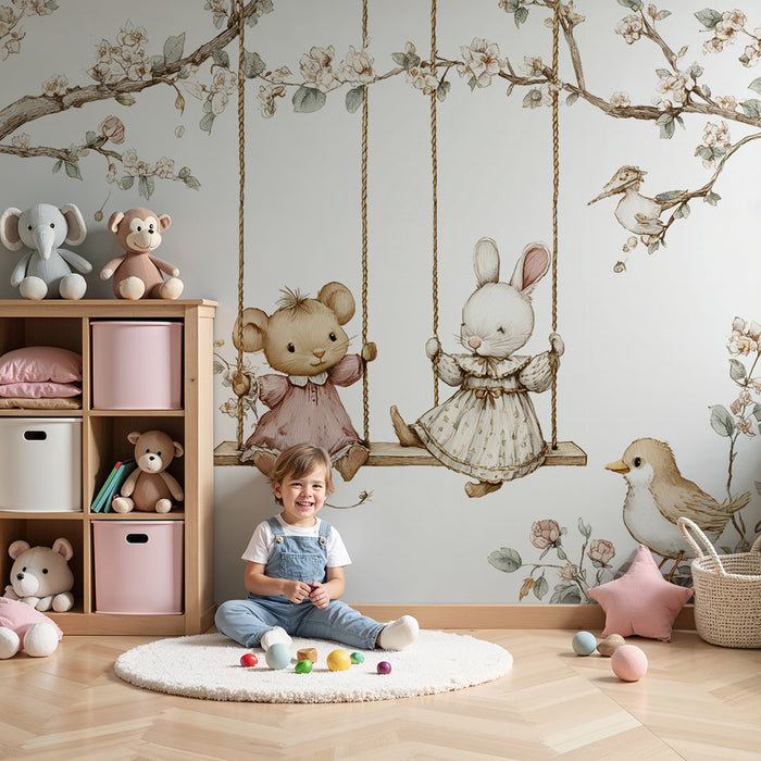 Barntapet | Mus och kanin på gungande blommor