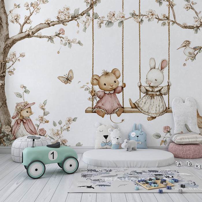 Barntapet | Mus och kanin på gungande blommor