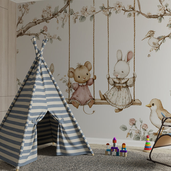 Barntapet | Mus och kanin på gungande blommor