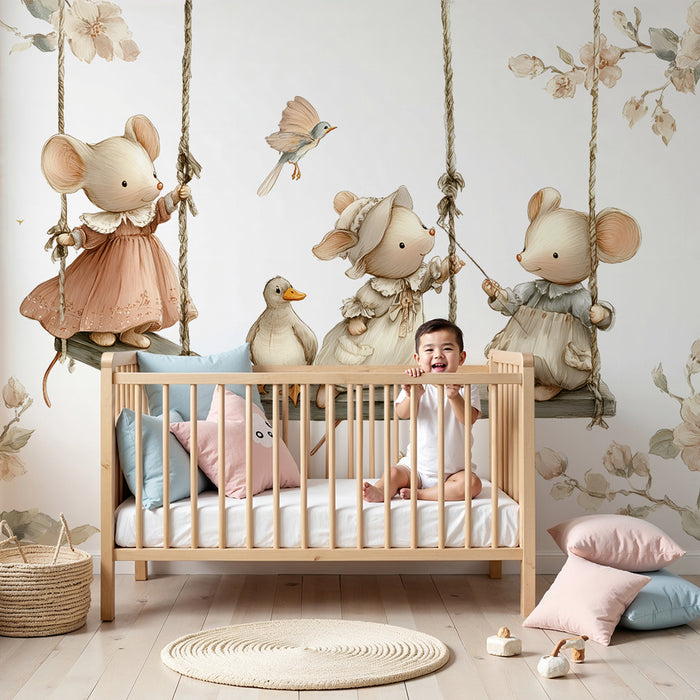 Barntapet | Charmiga möss och pastellblommor