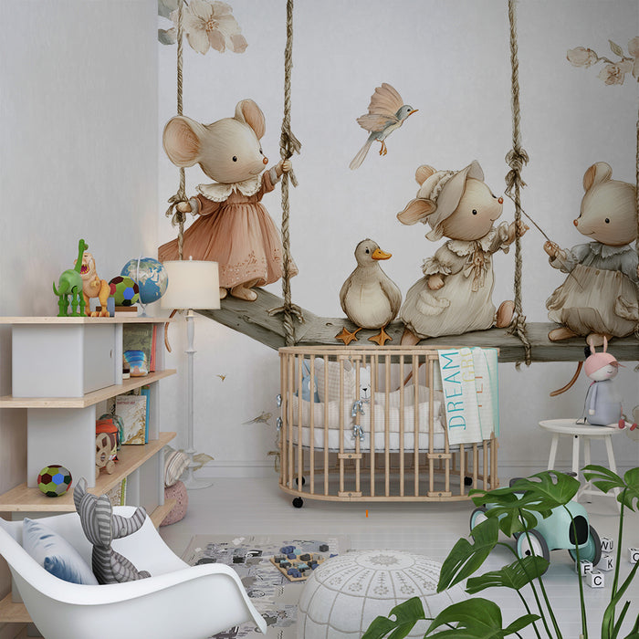 Barntapet | Charmiga möss och pastellblommor