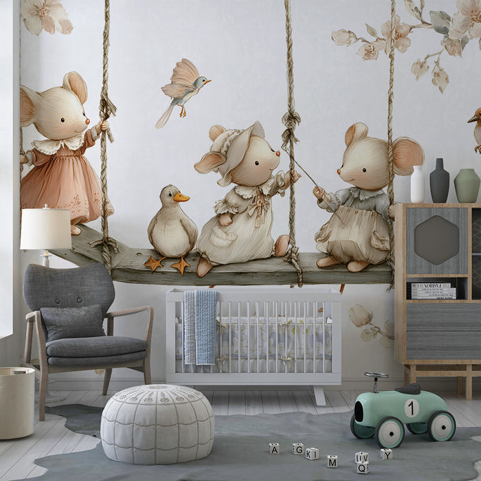 Barntapet | Charmiga möss och pastellblommor