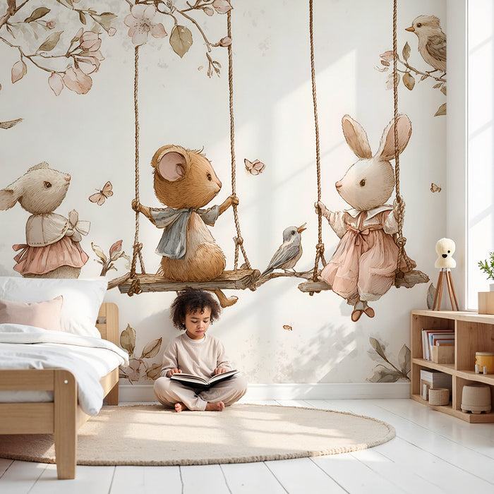 Barntapet | Djur på gungor och pastellblommor