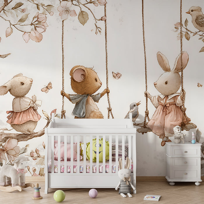 Barntapet | Djur på gungor och pastellblommor