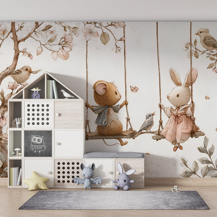 Barntapet | Djur på gungor och pastellblommor