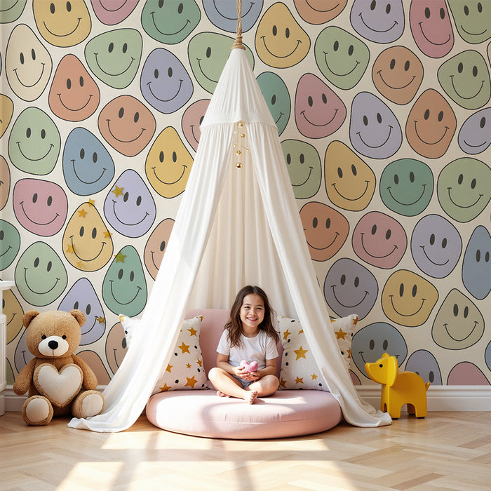 Børneværelse tapet | Smilende pastelfarvede ansigter