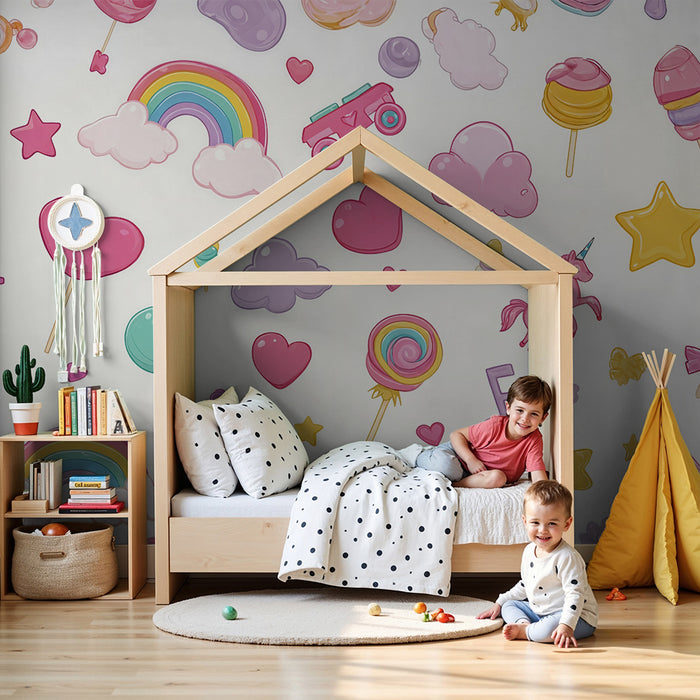 Tapeta tęczowa i cukierki | Projekt zabawny i kolorowy