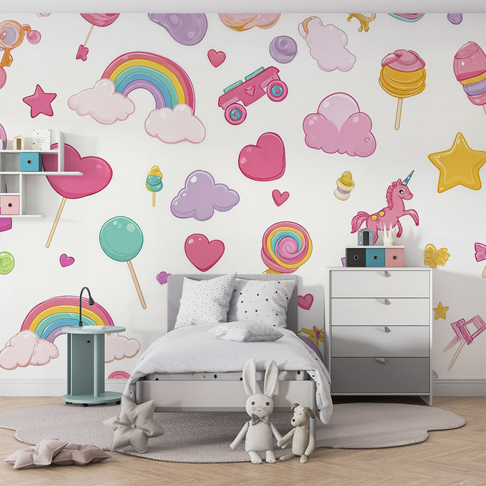 Tapeta tęczowa i cukierki | Projekt zabawny i kolorowy