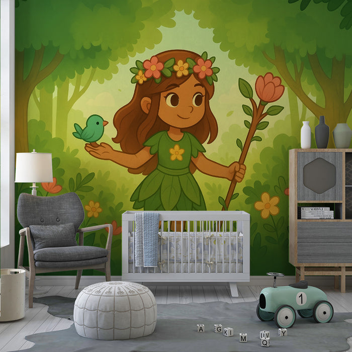 Papier peint chambre enfant | Fée des bois et flore enchantée