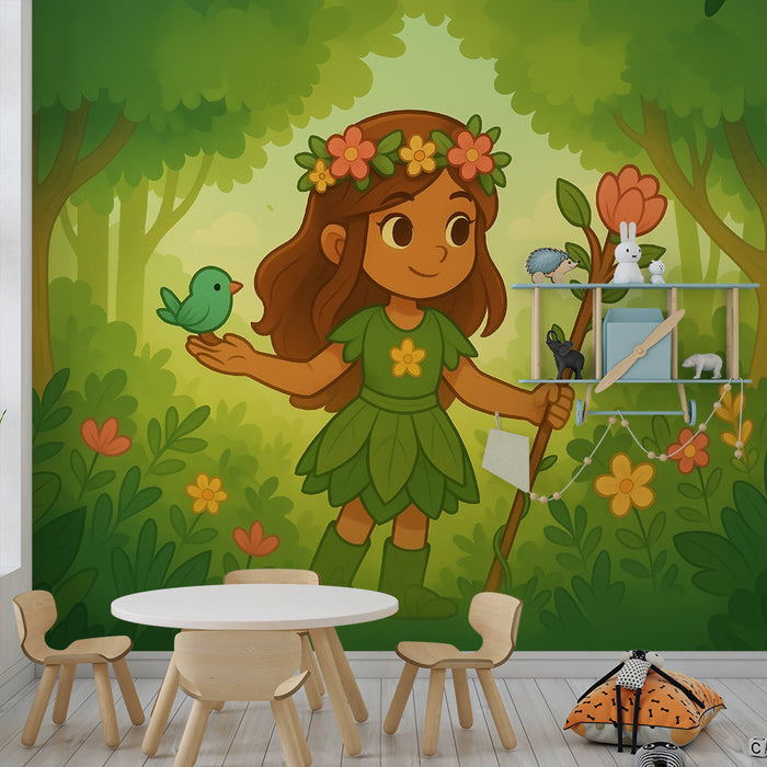 Papier peint chambre enfant | Fée des bois et flore enchantée