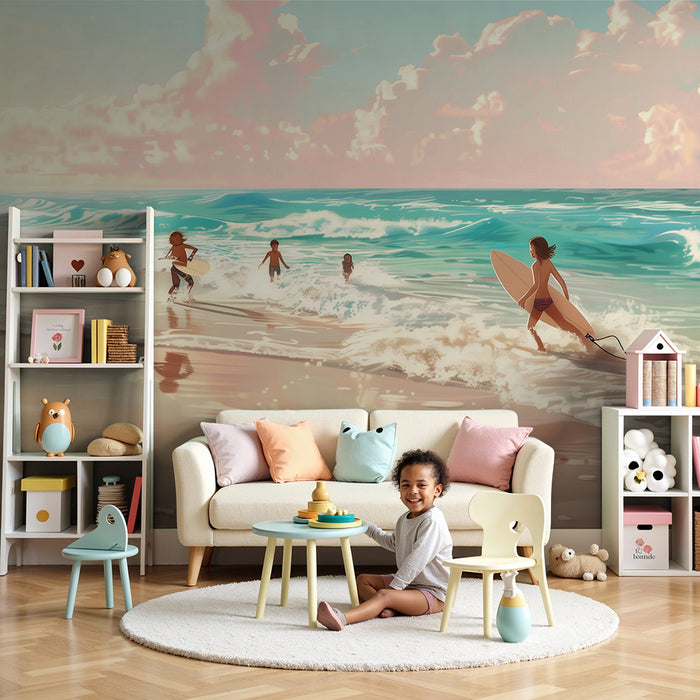 Papel pintado infantil | Aventura en la playa al atardecer